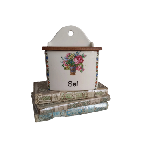 French vintage ceramic salt cellar with wooden lid, kitchen decor and storage