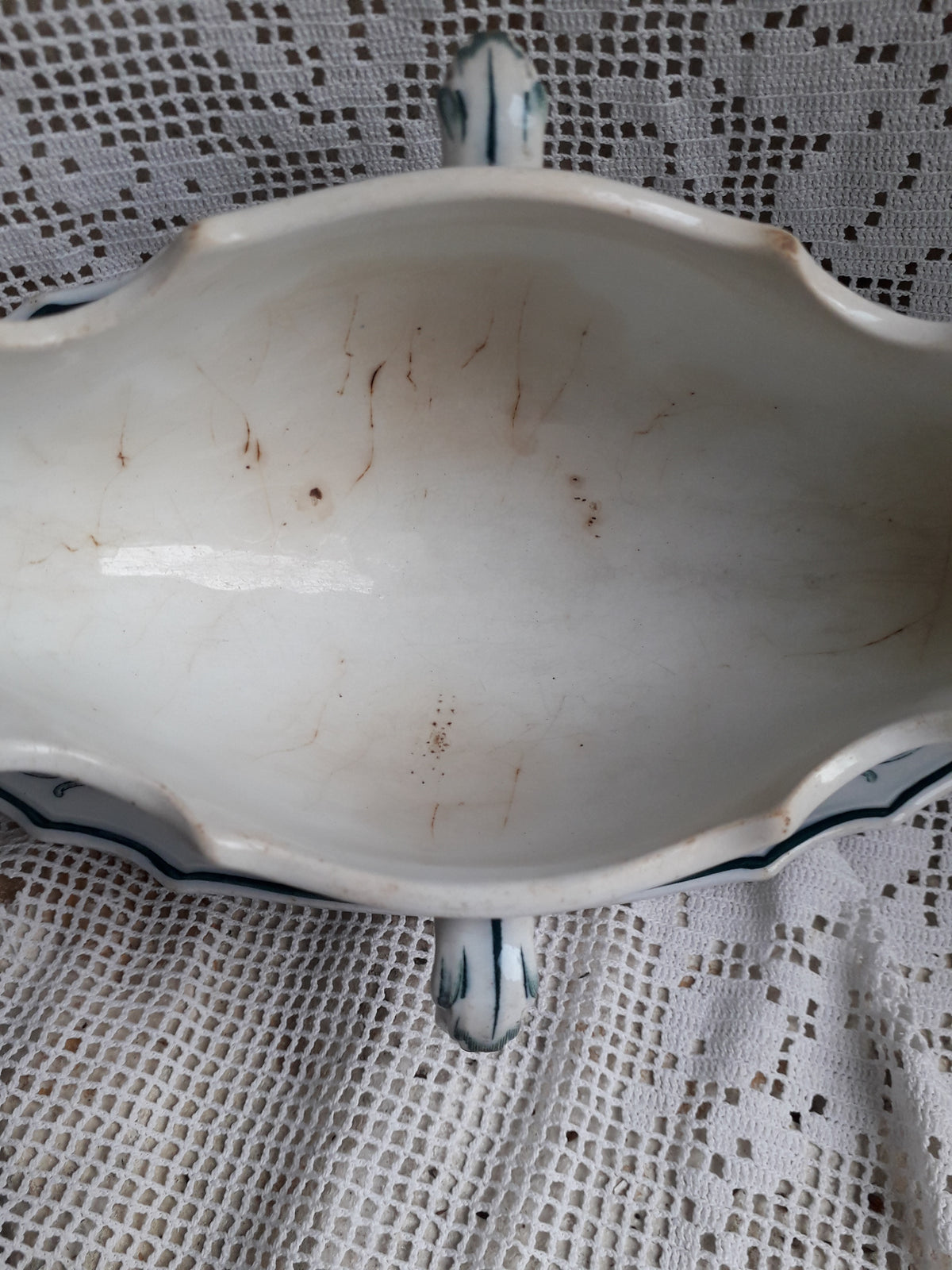 French antique ironstone sauce boat or gravy boat with teal floral pattern