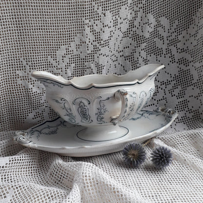 French antique ironstone sauce boat or gravy boat with teal floral pattern