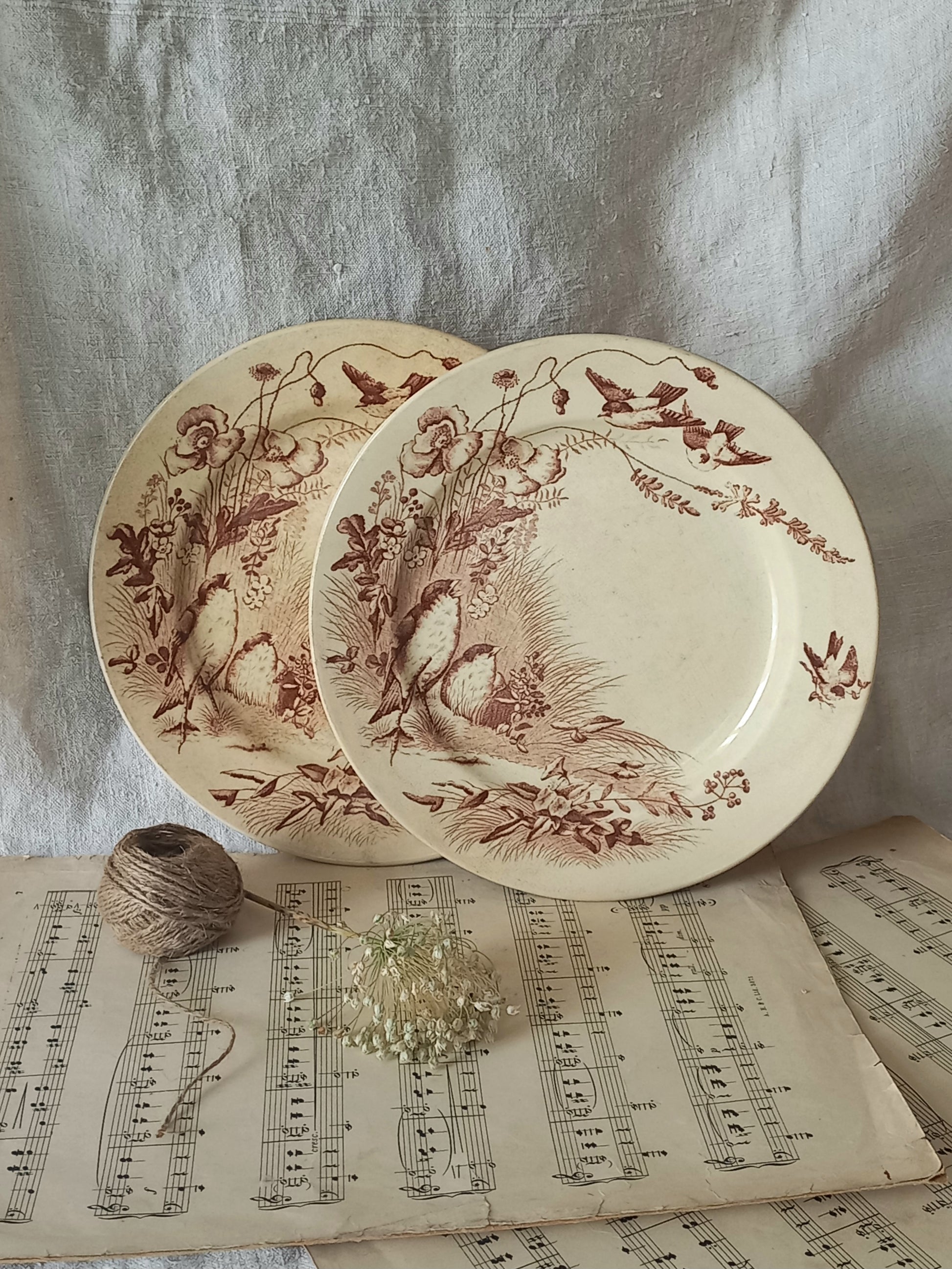 Two decorative plates with floral and bird patterns on a surface with music sheets.