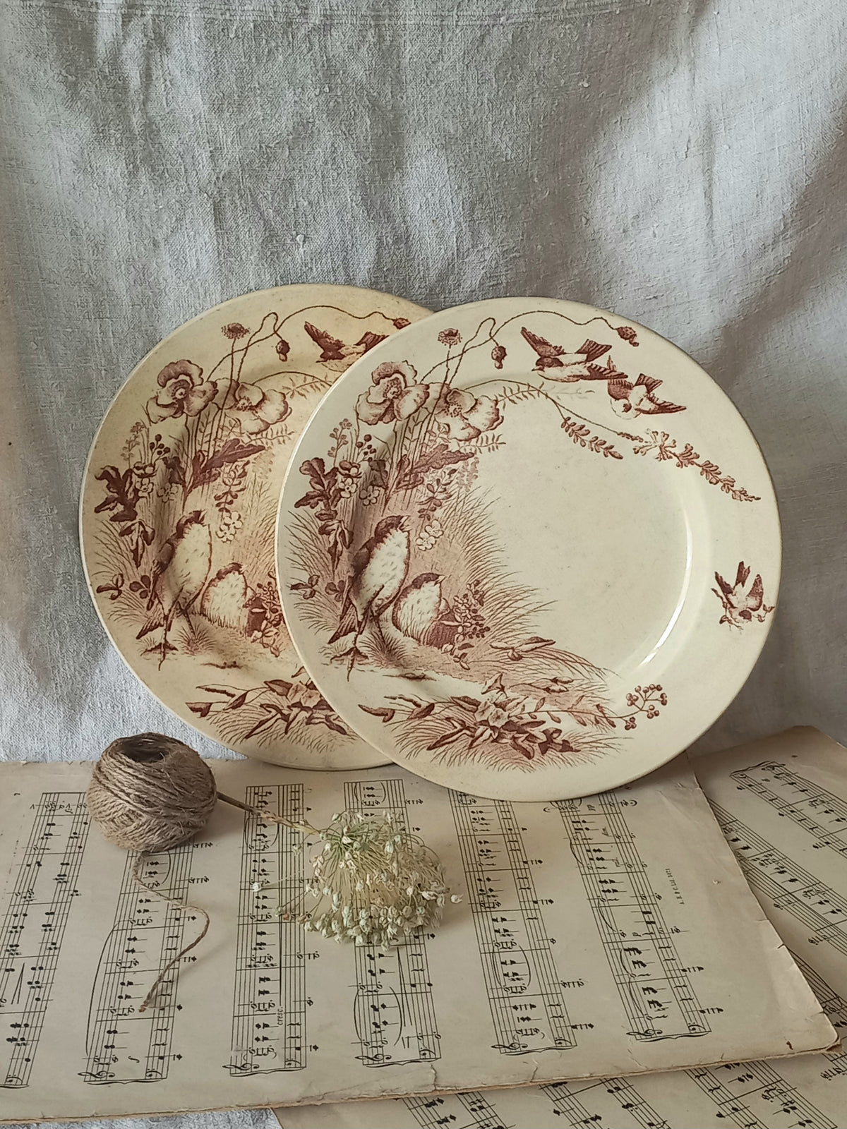 Two decorative plates with floral and bird patterns on a surface with music sheets.