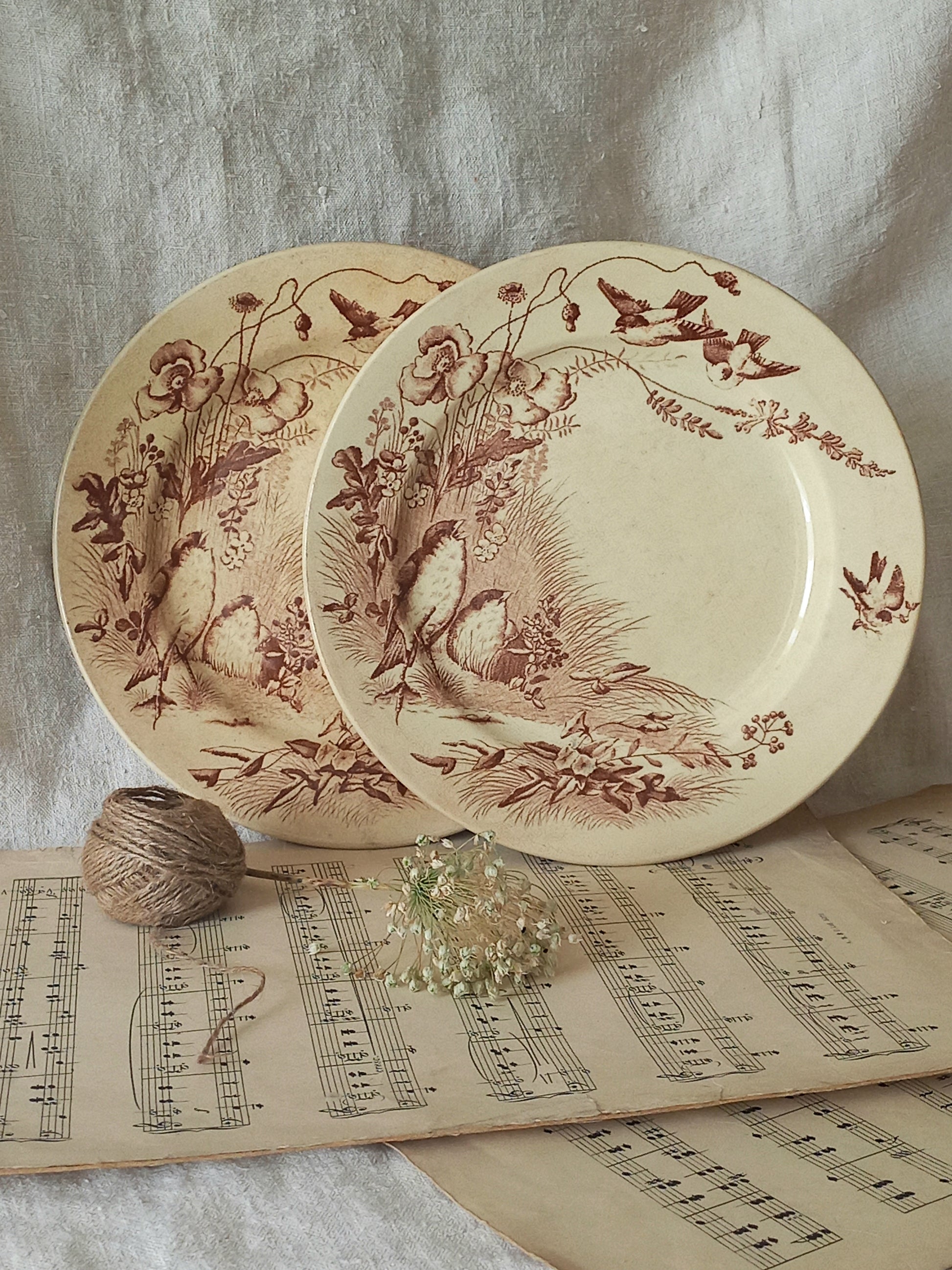 Two decorative plates with floral and bird patterns on a surface with music sheets.