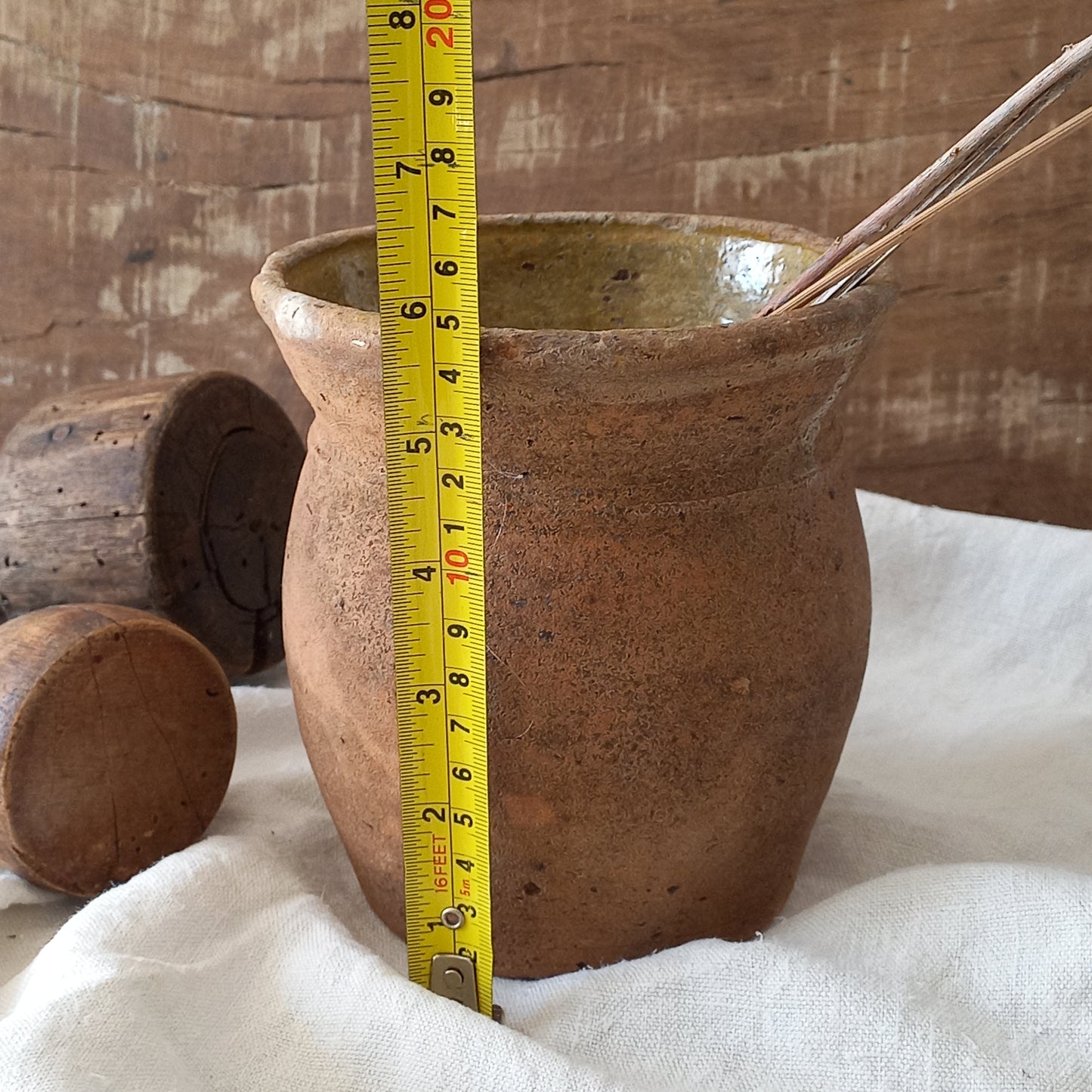 A little antique stoneware jug with a glazed interior in a wonderful shade of ochre, so rustic! This piece of pottery has aged beautifully and with its uneven worn edges and earthy rough texture it's perfect for a rustic, country or farmhouse interior.