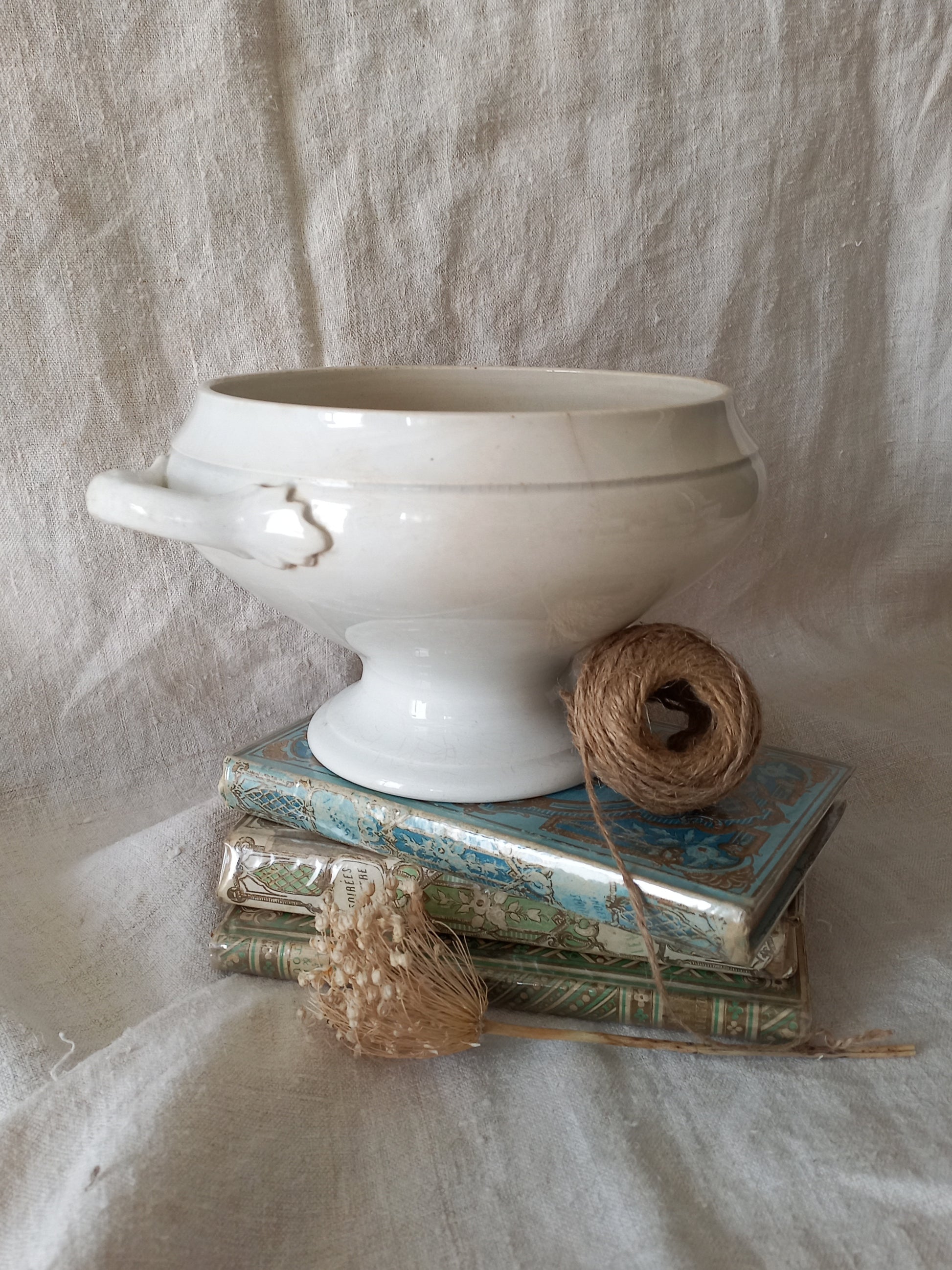 White ironstone bowl on a stack of books with twine and dried flowers against a textured fabric background