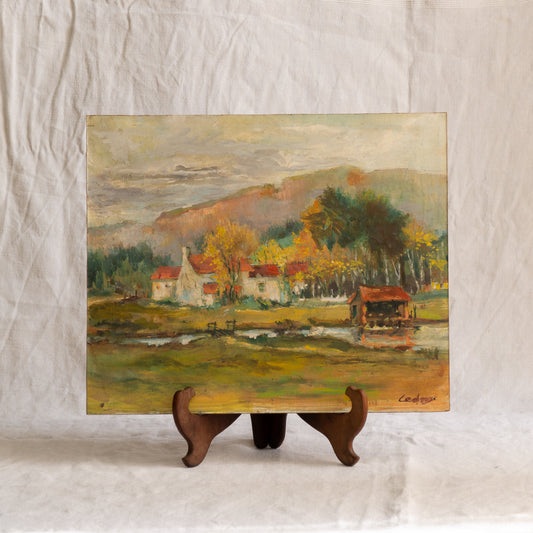 Vintage Rural Farm Landscape Oil Painting On Board