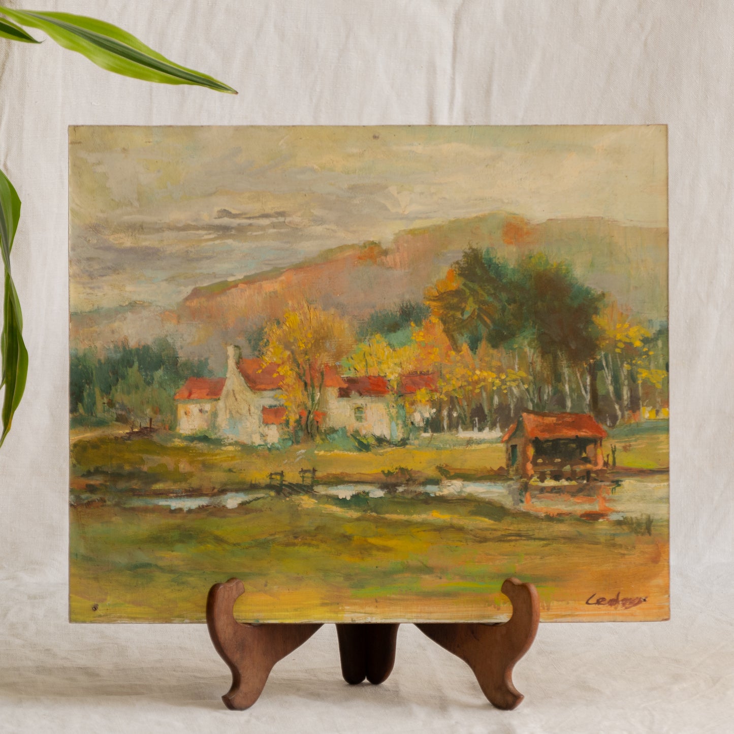 Vintage Rural Farm Landscape Oil Painting On Board