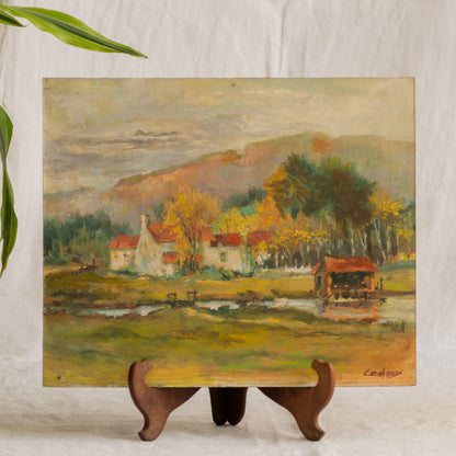 Vintage Rural Farm Landscape Oil Painting On Board