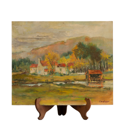 Vintage Rural Farm Landscape Oil Painting On Board