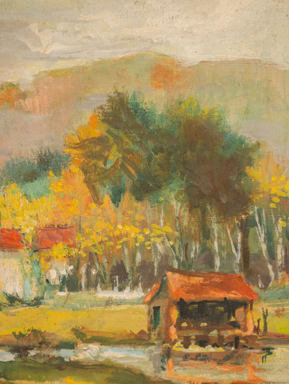 Vintage Rural Farm Landscape Oil Painting On Board