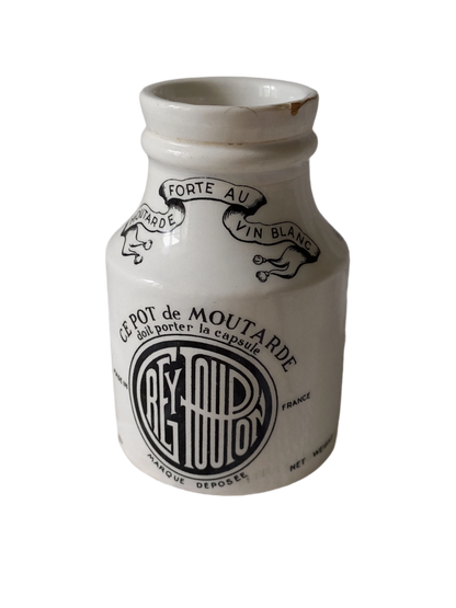 Small French antique white ironstone mustard pot for Dijon Grey Poupon by Sarreguemines, Dijon Grey Poupon Pot by Sarreguemines