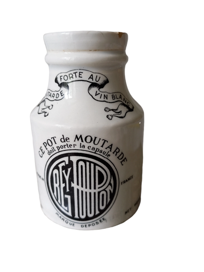 Small French antique white ironstone mustard pot for Dijon Grey Poupon by Sarreguemines, Dijon Grey Poupon Pot by Sarreguemines