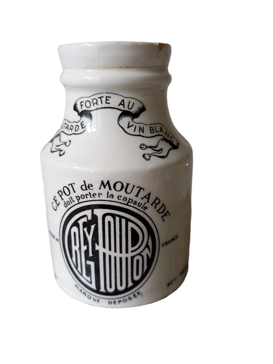 Small French antique white ironstone mustard pot for Dijon Grey Poupon by Sarreguemines, Dijon Grey Poupon Pot by Sarreguemines