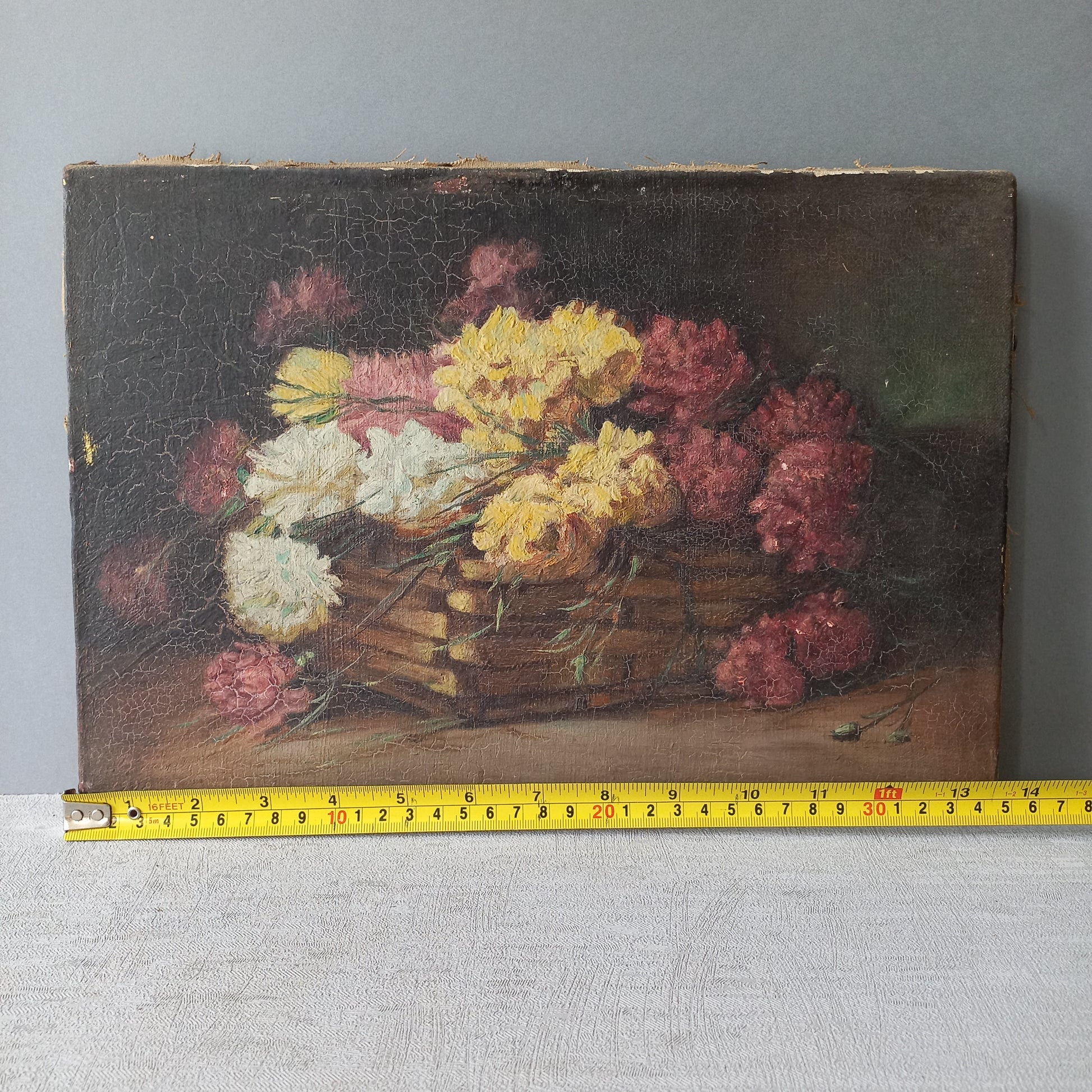 A stunning little French antique floral oil painting, really wonderfully painted with confident brush strokes. This piece is very old as you can see, especially when you view the rear of the canvas - there's a little label to the rear with a Paris mark - probably where the canvas originated.

In summary, beautiful and original antique art from France.