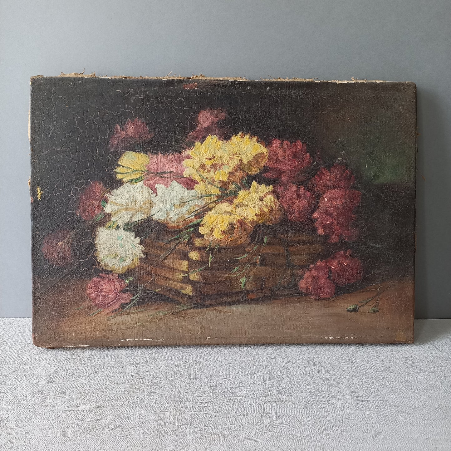 A stunning little French antique floral oil painting, really wonderfully painted with confident brush strokes. This piece is very old as you can see, especially when you view the rear of the canvas - there's a little label to the rear with a Paris mark - probably where the canvas originated.

In summary, beautiful and original antique art from France.