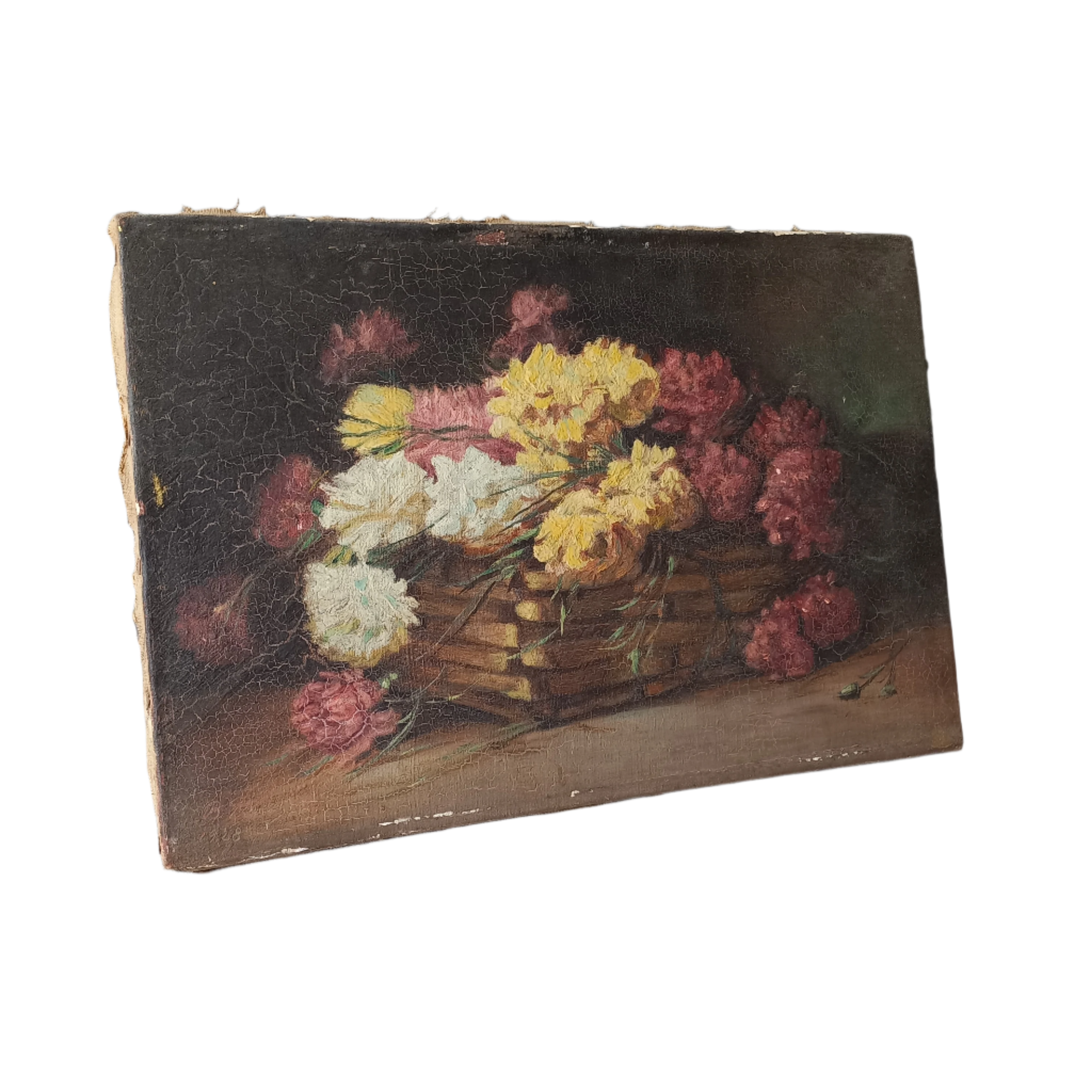 A stunning little French antique floral oil painting, really wonderfully painted with confident brush strokes. This piece is very old as you can see, especially when you view the rear of the canvas - there's a little label to the rear with a Paris mark - probably where the canvas originated.

In summary, beautiful and original antique art from France.
