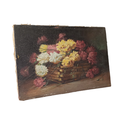 A stunning little French antique floral oil painting, really wonderfully painted with confident brush strokes. This piece is very old as you can see, especially when you view the rear of the canvas - there's a little label to the rear with a Paris mark - probably where the canvas originated.

In summary, beautiful and original antique art from France.