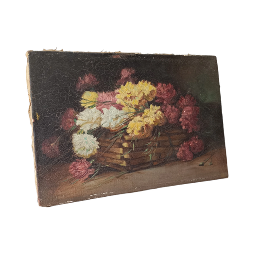 A stunning little French antique floral oil painting, really wonderfully painted with confident brush strokes. This piece is very old as you can see, especially when you view the rear of the canvas - there's a little label to the rear with a Paris mark - probably where the canvas originated.

In summary, beautiful and original antique art from France.