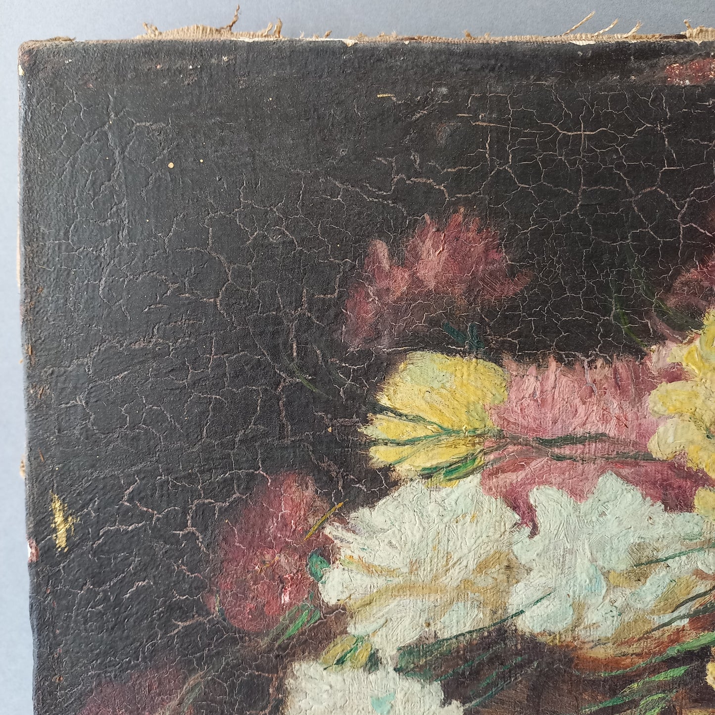 A stunning little French antique floral oil painting, really wonderfully painted with confident brush strokes. This piece is very old as you can see, especially when you view the rear of the canvas - there's a little label to the rear with a Paris mark - probably where the canvas originated.

In summary, beautiful and original antique art from France.