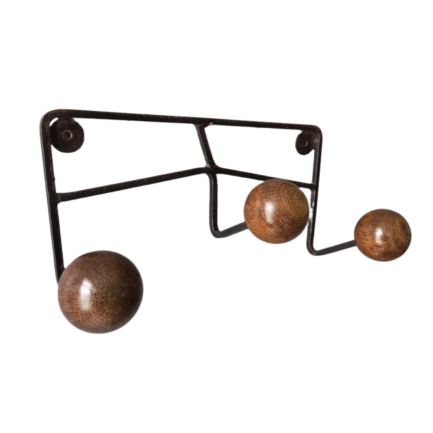 French vintage 3 peg coat rack, metal coat rack with 3 wooden balls
