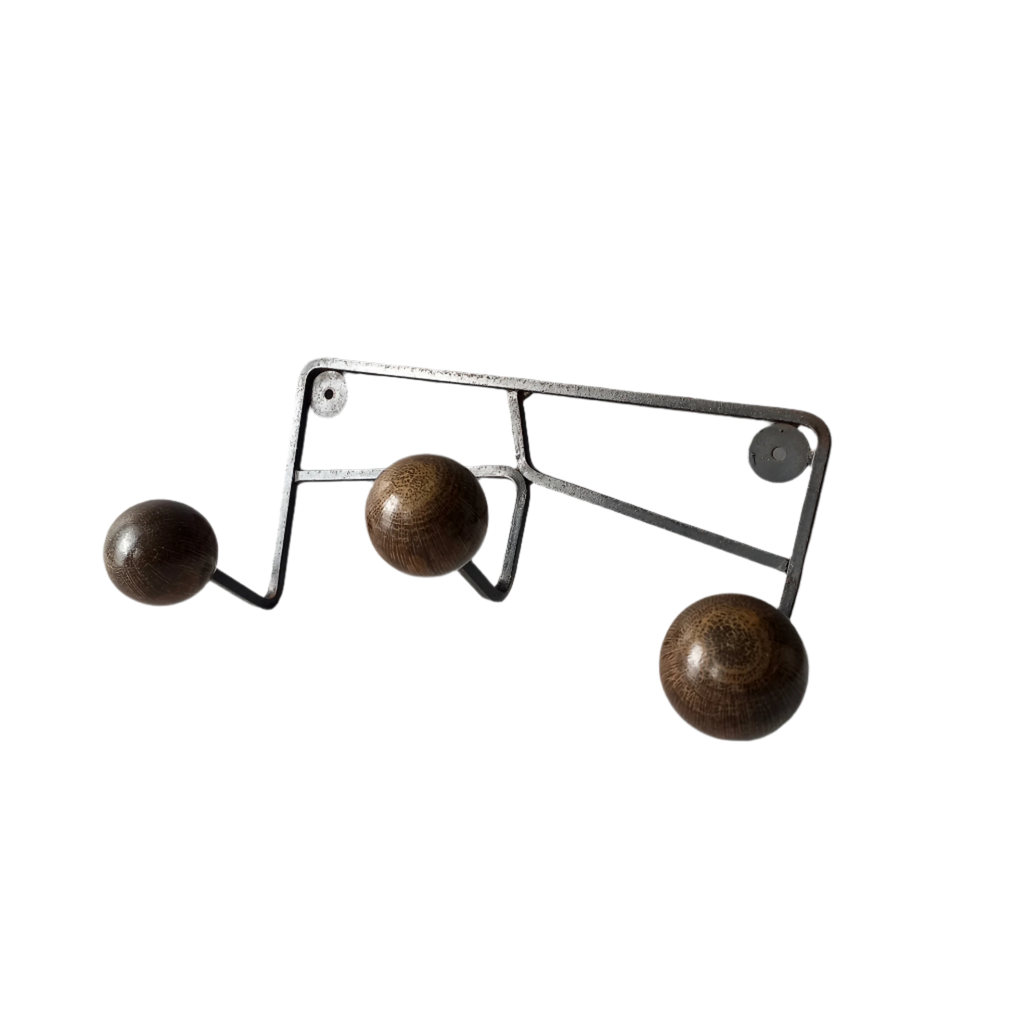 French vintage 3 peg coat rack, metal coat rack with 3 wooden balls