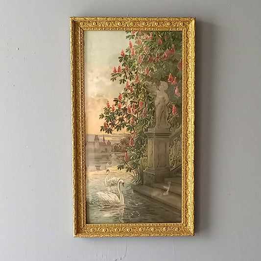 Decorative painting with a gold frame featuring a classical scene with swans and flowers on a gray wall.
