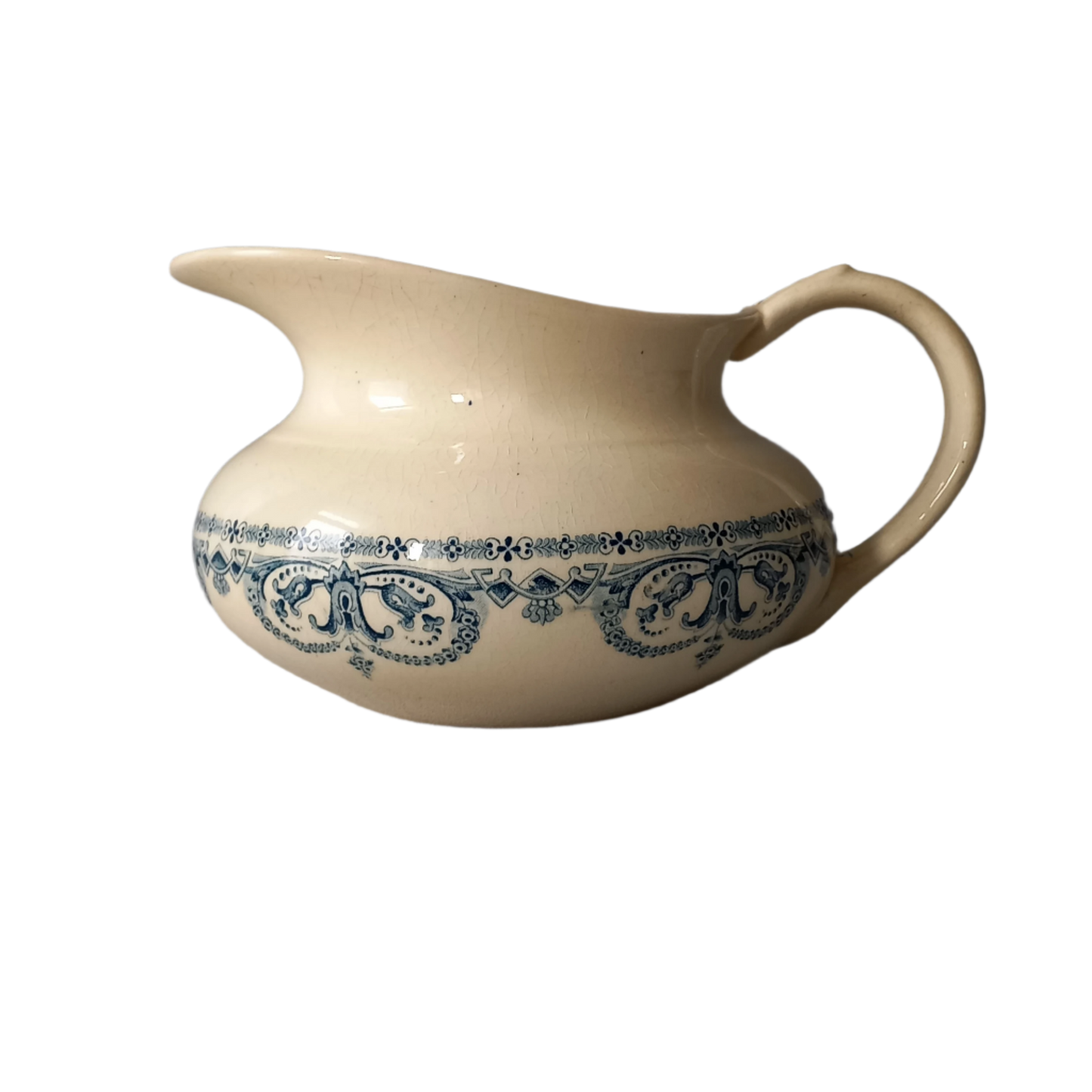 French antique ironstone jug or pitcher, white jug with blue transfer pattern, bathroom decor