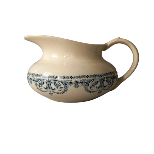 French antique ironstone jug or pitcher, white jug with blue transfer pattern, bathroom decor