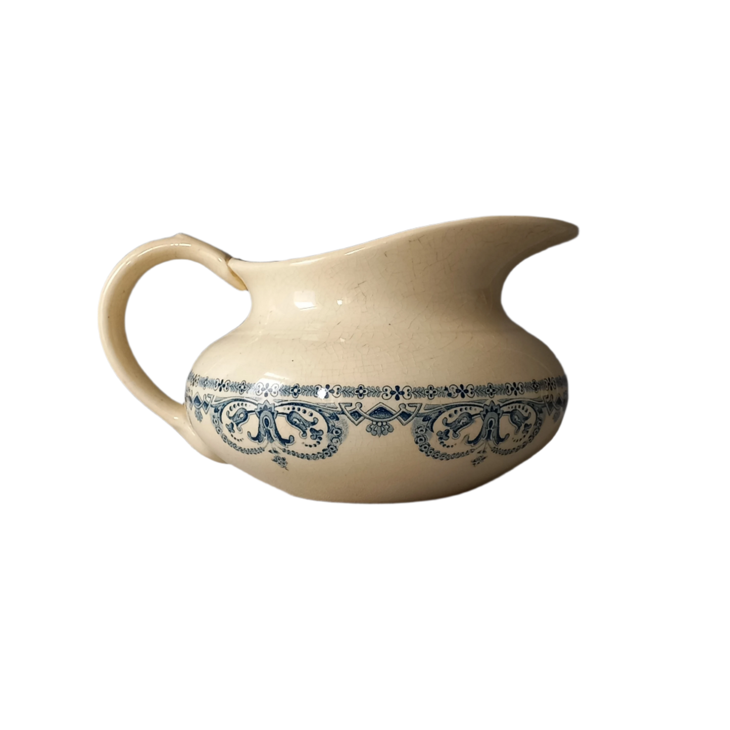 French antique ironstone jug or pitcher, white jug with blue transfer pattern, bathroom decor