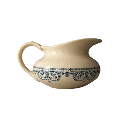 French antique ironstone jug or pitcher, white jug with blue transfer pattern, bathroom decor