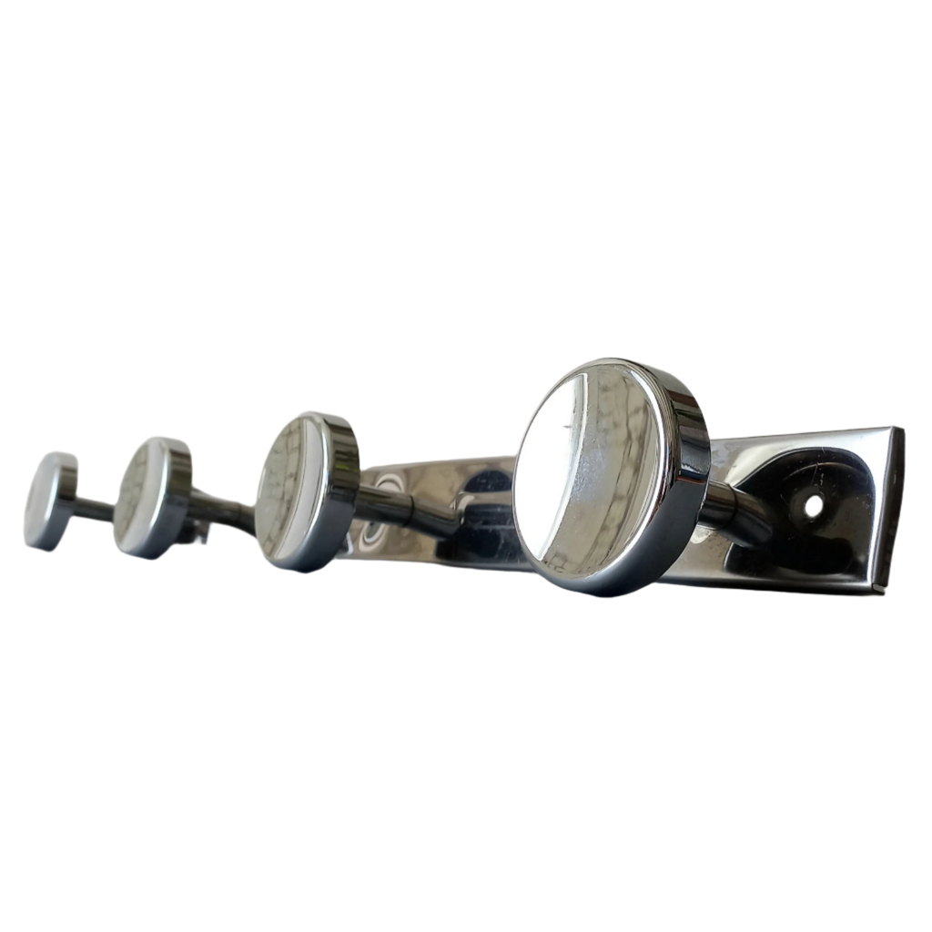 A stylish French vintage 4 peg metal coat rack with a polished finish, a great piece of practical wall decor for your home.