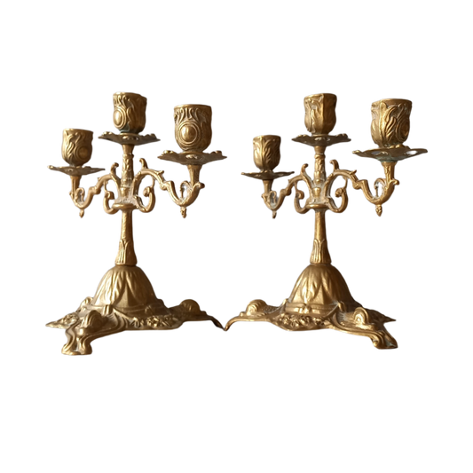 Vintage brass/bronze candle holders, pair of french candelabras