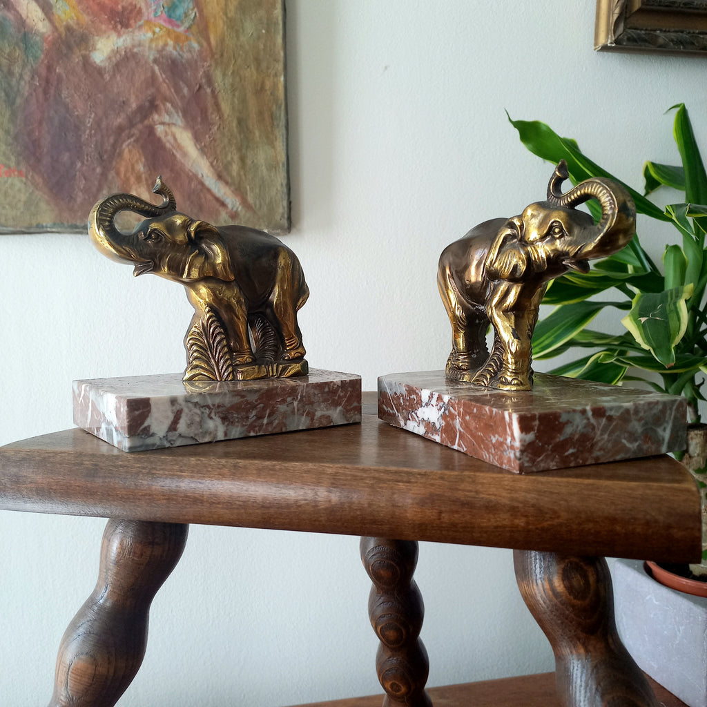 Vintage Elephant Bookends, Bronze Colour Elephants On Marble Bases