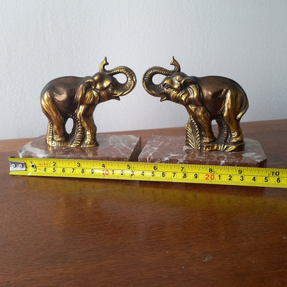 Vintage Elephant Bookends, Bronze Colour Elephants On Marble Bases