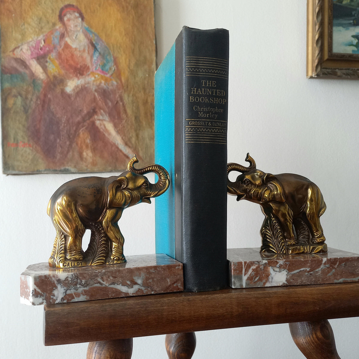 Vintage Elephant Bookends, Bronze Colour Elephants On Marble Bases