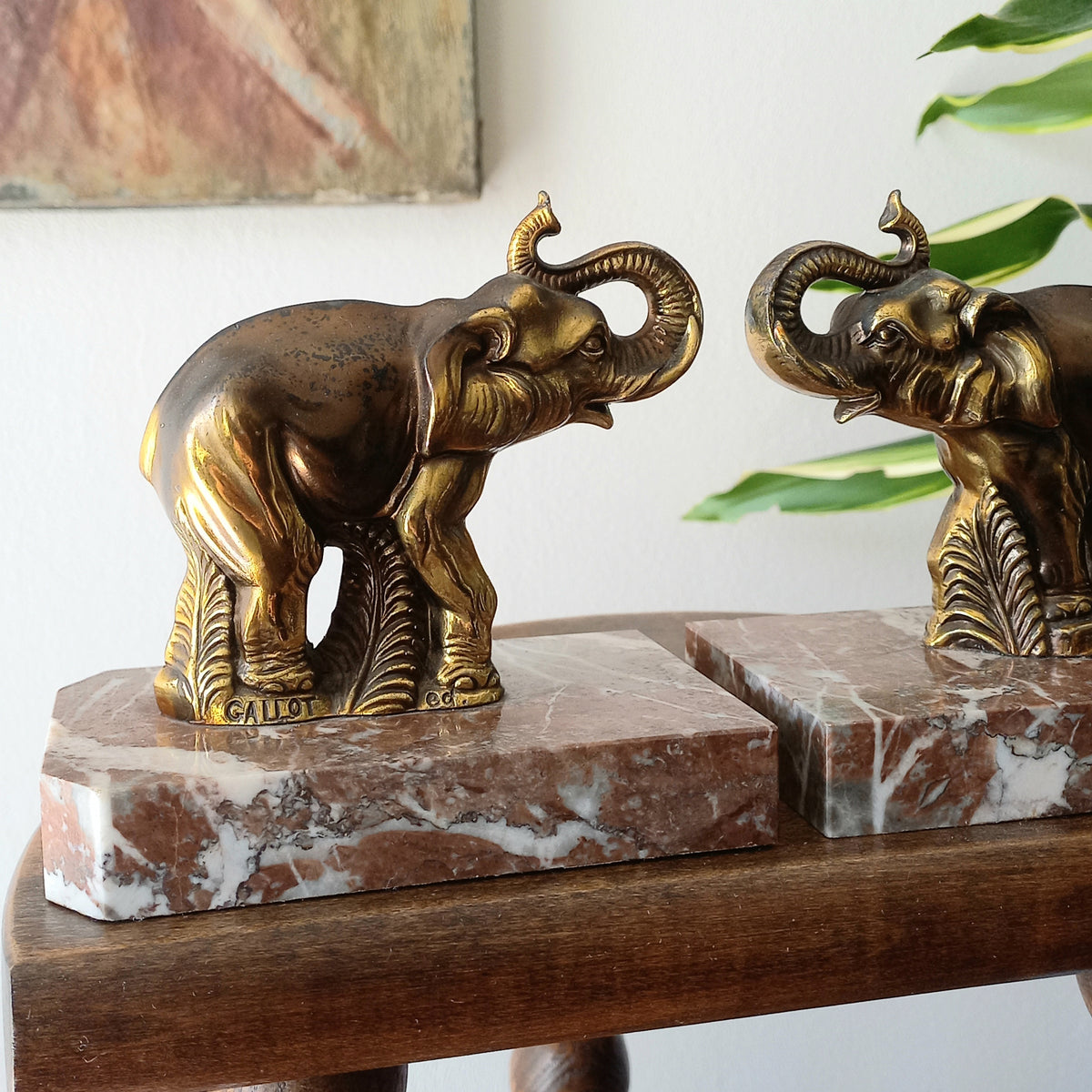 Vintage Elephant Bookends, Bronze Colour Elephants On Marble Bases