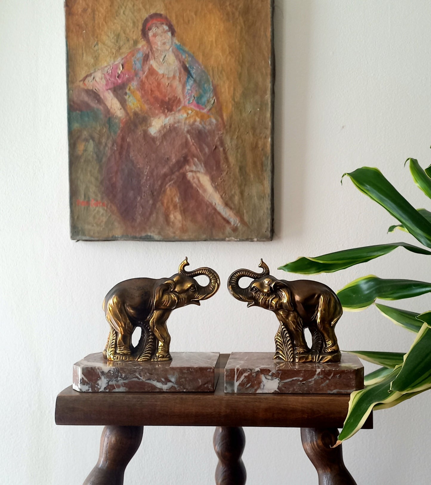 Vintage Elephant Bookends, Bronze Colour Elephants On Marble Bases