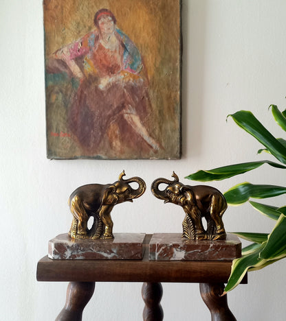 Vintage Elephant Bookends, Bronze Colour Elephants On Marble Bases
