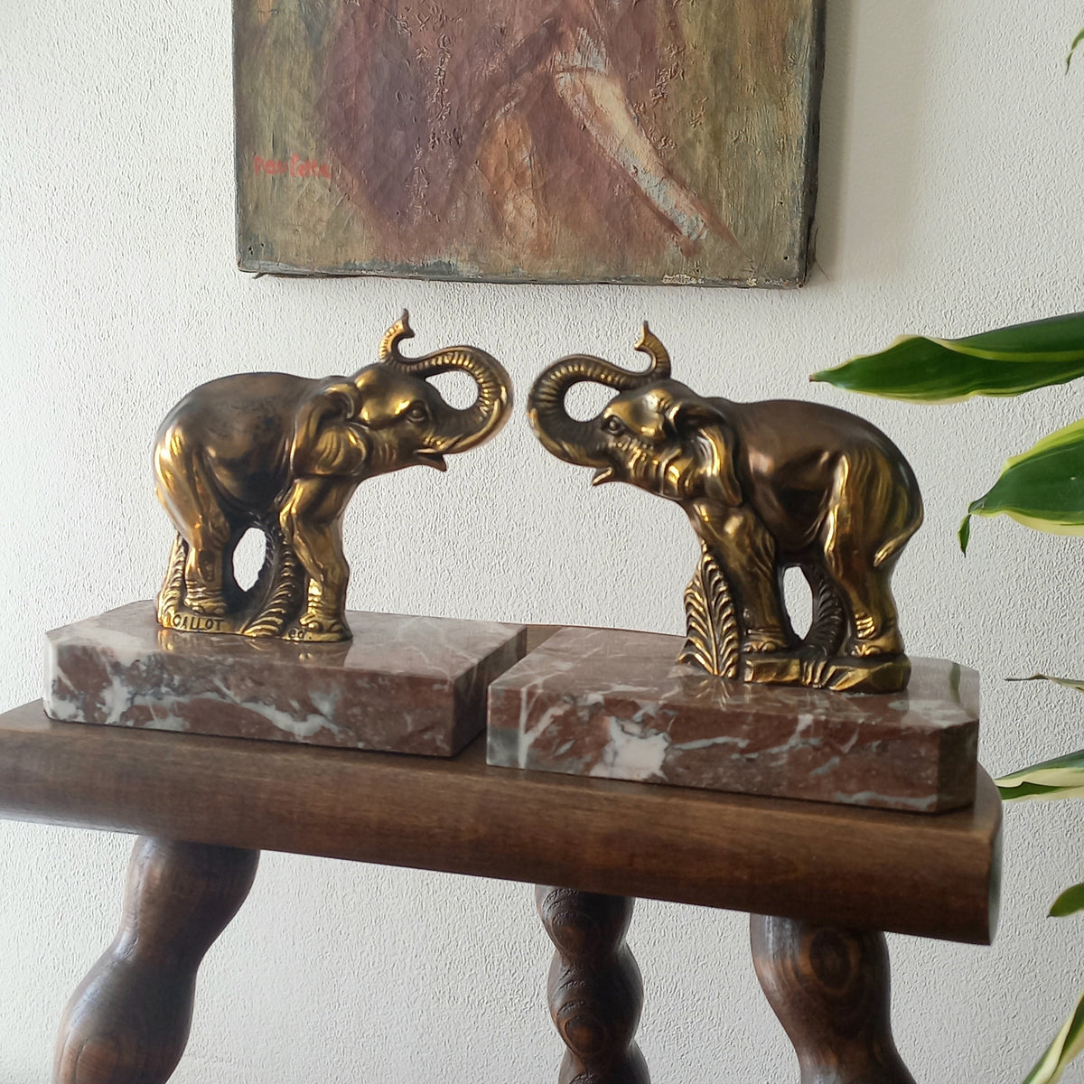 Vintage Elephant Bookends, Bronze Colour Elephants On Marble Bases