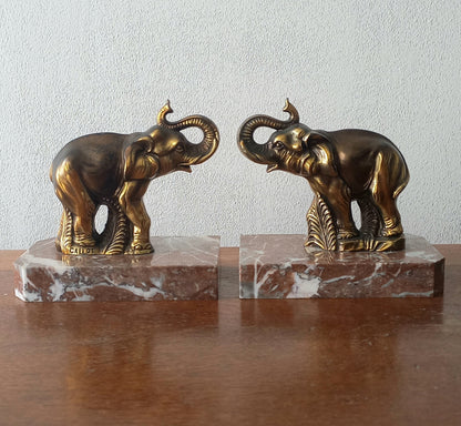 Vintage Elephant Bookends, Bronze Colour Elephants On Marble Bases