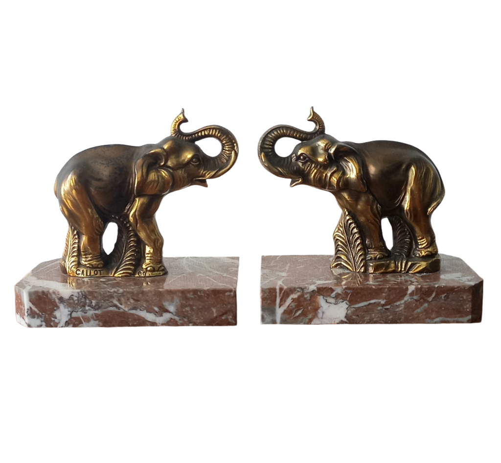Vintage Elephant Bookends, Bronze Colour Elephants On Marble Bases