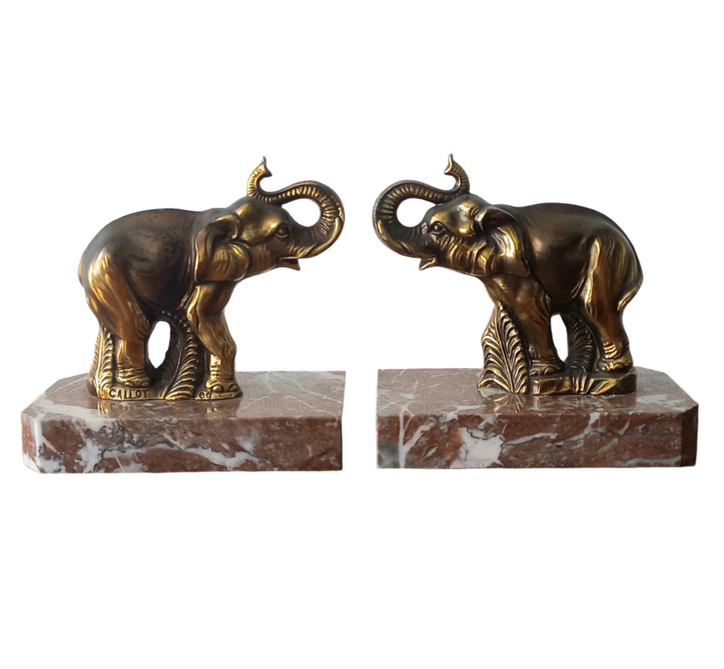 Vintage Elephant Bookends, Bronze Colour Elephants On Marble Bases