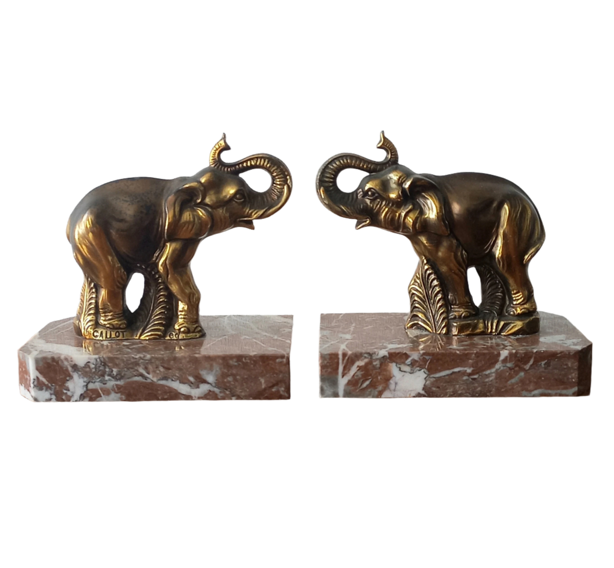Vintage Elephant Bookends, Bronze Colour Elephants On Marble Bases