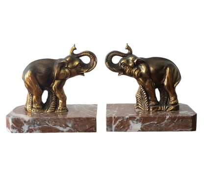 Vintage Elephant Bookends, Bronze Colour Elephants On Marble Bases