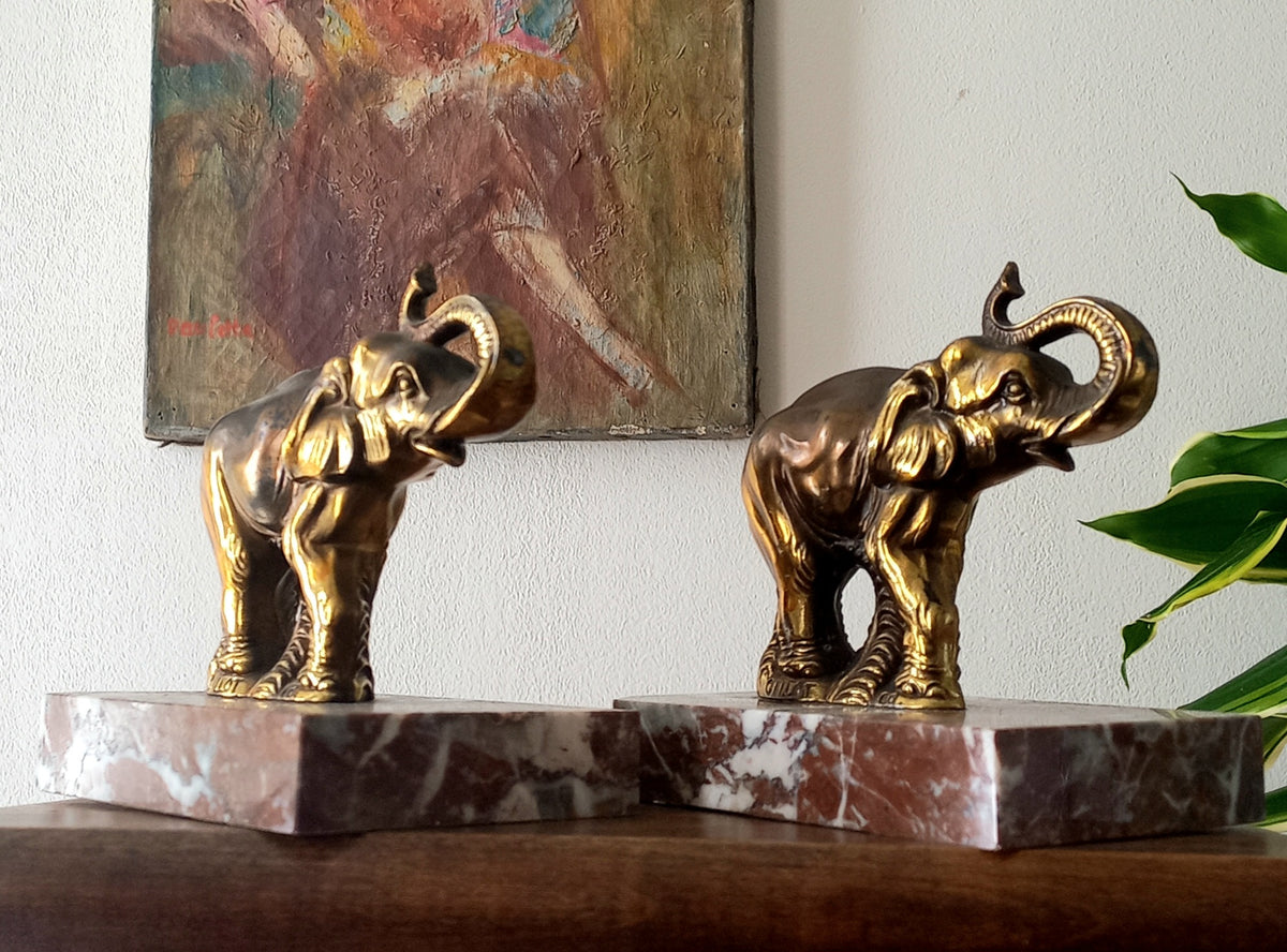 Vintage Elephant Bookends, Bronze Colour Elephants On Marble Bases