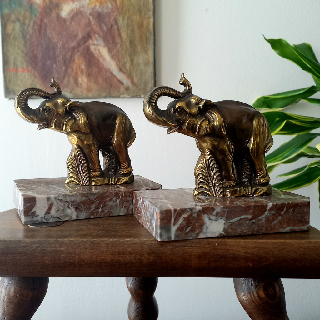 Vintage Elephant Bookends, Bronze Colour Elephants On Marble Bases
