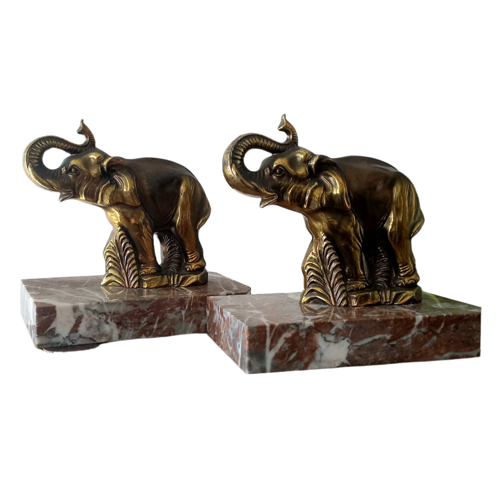Vintage Elephant Bookends, Bronze Colour Elephants On Marble Bases