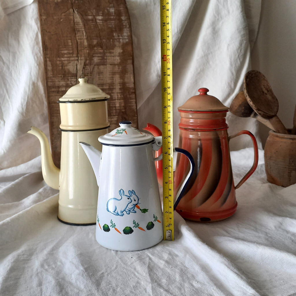 An instant collection of 3 x French fabulous vintage metal/enamel coffeepots in varying conditions and colours. These lovely old pots make great kitchen decor, especially in those of a rustic, country or farmhouse nature.