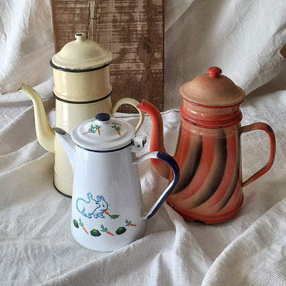 An instant collection of 3 x French fabulous vintage metal/enamel coffeepots in varying conditions and colours. These lovely old pots make great kitchen decor, especially in those of a rustic, country or farmhouse nature.