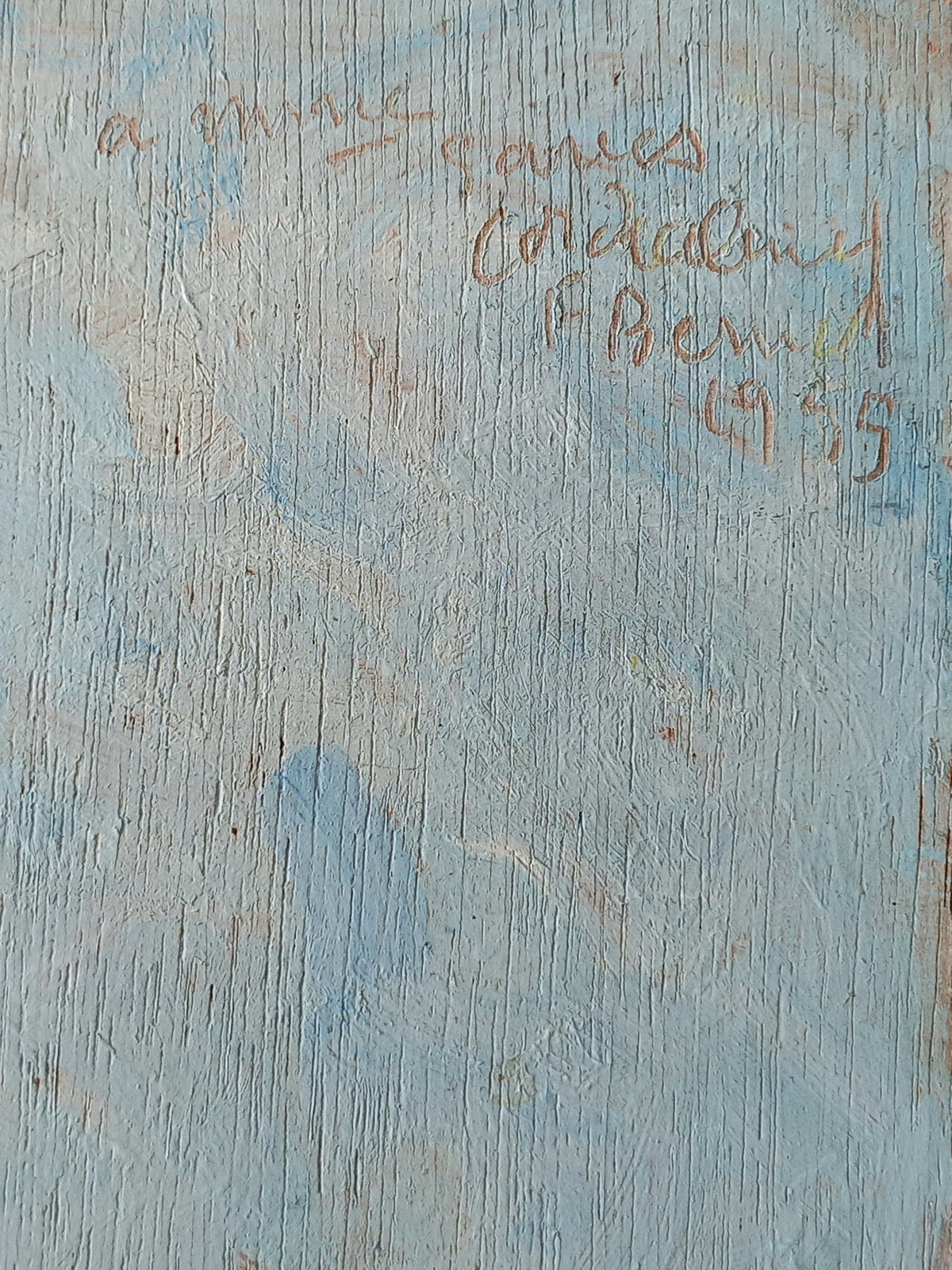 A square art print or painting featuring a textured light blue and white distressed background with cursive handwriting in brown and gold in the upper right quadrant.