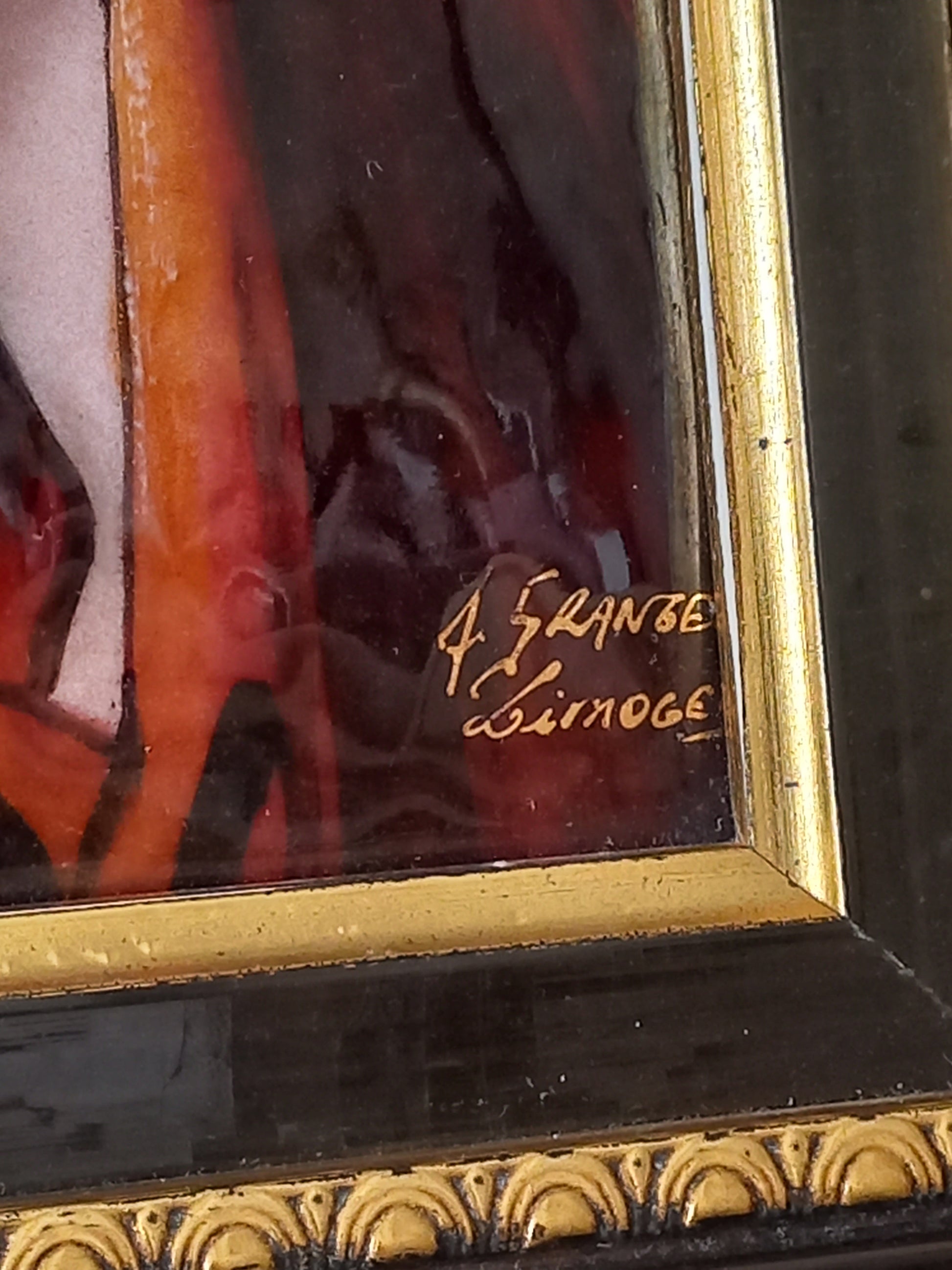 A French vintage religious enamel Saint Fabiola portrait painting by Limoges of France. The religious figure has been hand-painted in enamels on copper and signed by the artist. The art is presented in a dark brown frame with a label to the rear that tells us it's a genuine hand-made enamel artwork.